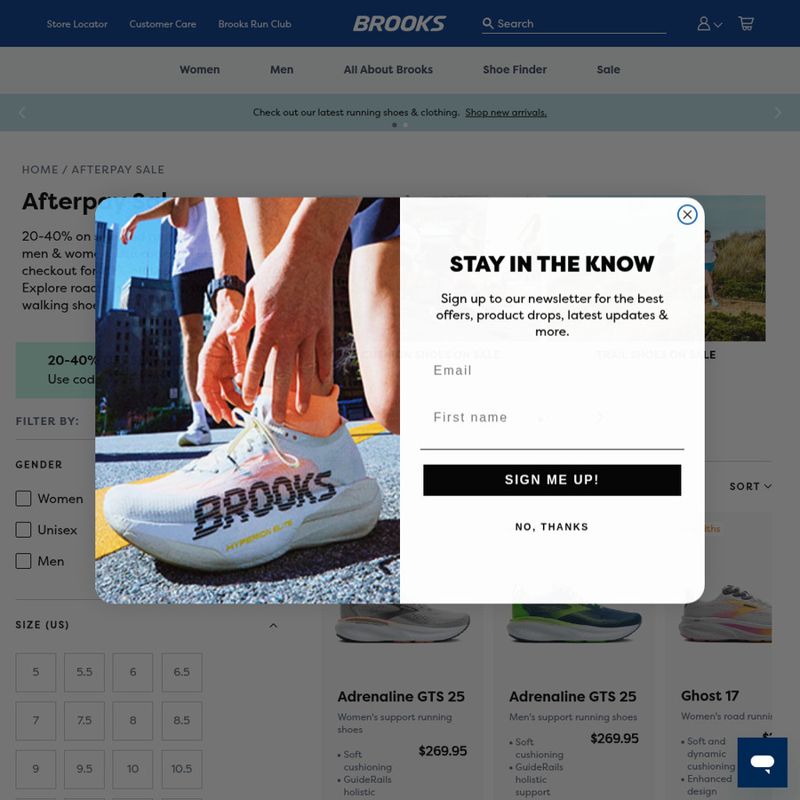 selected Brooks Running shoes with code AFTERPAY