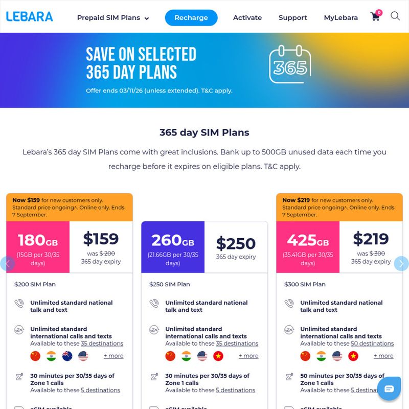 Lebara 365-Day Prepaid 180GB / 425GB