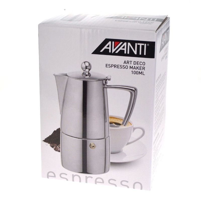 Avanti 2 Cup Art Deco Espresso Coffee Maker Percolator - Silver | Stovetop Percolator | Silicon Gasket, Safety Valve, With Spare Gasket and Manuals