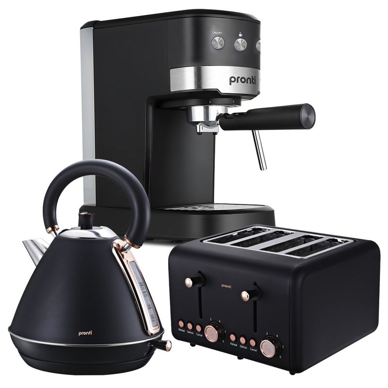 Pronti Breakfast Set with Rose Gold Kettle & Toaster with 1.2L Espresso Machine (Black)