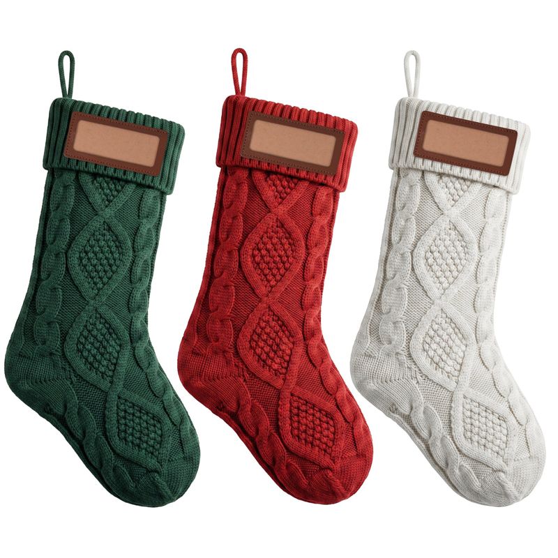 Jingle Jollys 3PCS Personalized Christmas Stockings with Leather Patches 16" Knitted Solid Colour Xmas Decor