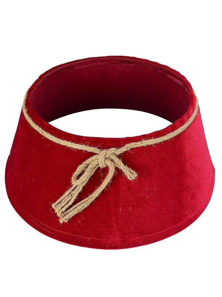 62cm Red Velvet Christmas Tree Collar With Rope Bow KnotRed with Natural