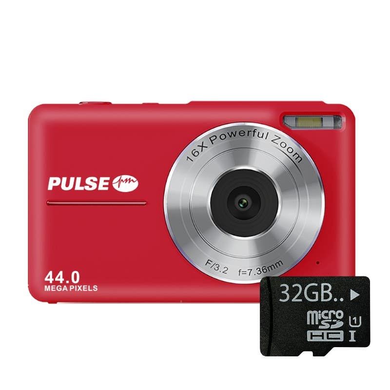 Pulse DC44 Digital Compact Camera w/32GB Card- Red