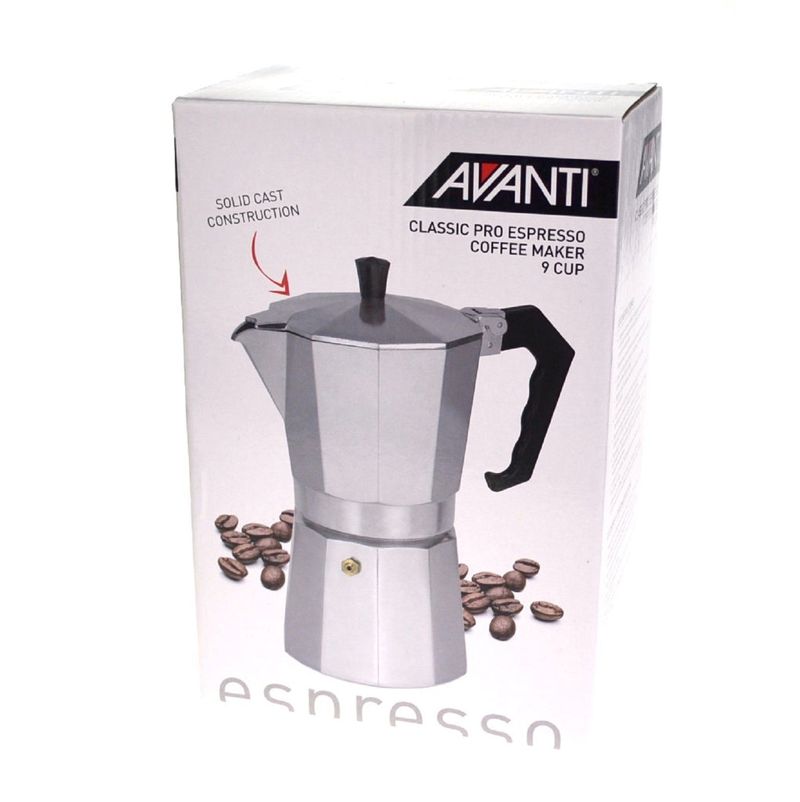 Avanti 9 Cup Classic Pro Espresso Coffee Maker Percolator - Silver | Moka Pot | Safety valve, Silicon Gasket, With Manuals